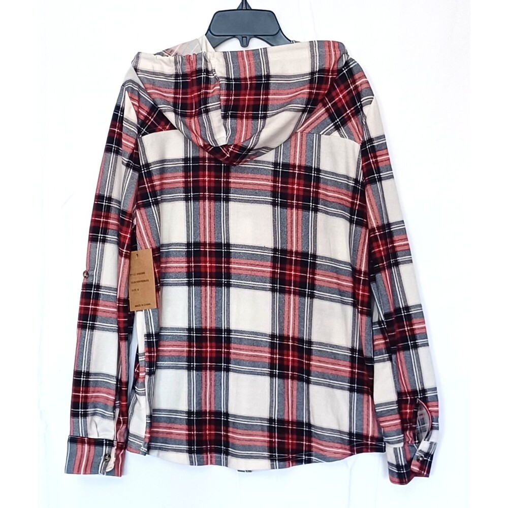 Eden & Olivia Women's S Plaid Hooded Button Up Flannel Top Jacket Ivory/Red/Blk - Picture 2 of 10